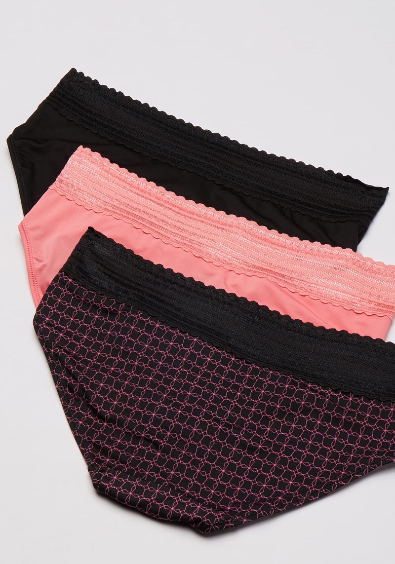 Warner's womens Blissful Benefits No Muffin With Lace 3 Pack Hipster Panties, Black/Flamingo Pink/Miami Pink Octagon, Large US - Image 2